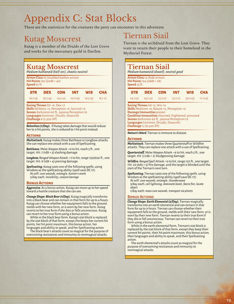 5e (2014) statblocks for Kutag Mosscrest and Tiernan Siail.