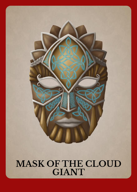 A magic item card for the Mask of the Cloud Giant featuring a metal art deco inspired mask made of gold, silver, and copper with glowing blue knotwork on it.