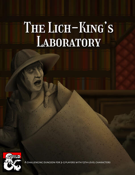 Cover of The Lich-King's Laboratory featuring a petrified adventurer fleeing in a library.