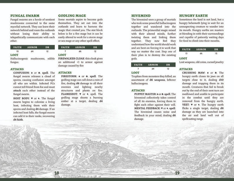 Stat blocks for the Fungal Swarm, Godling Mage, Hivemind, and Hungry Earth.