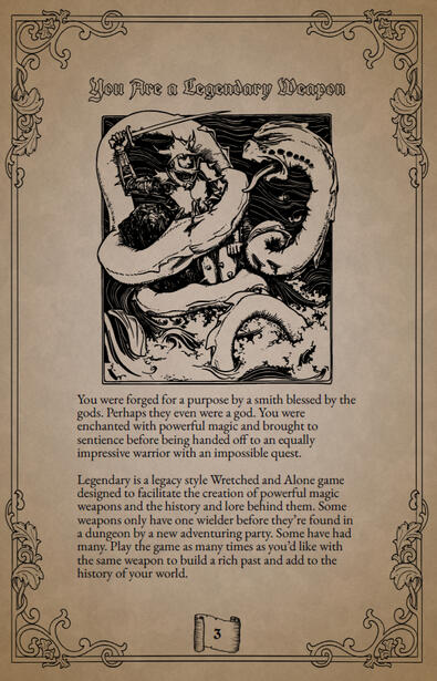 The introduction page for Legendary, a legacy style Wretched & Alone game. It features a yellowed parchment background with a black filigree page border by Alderdoodles and stock art of a knight fighting a sea serpent. The header reads "You Are a Legendary
