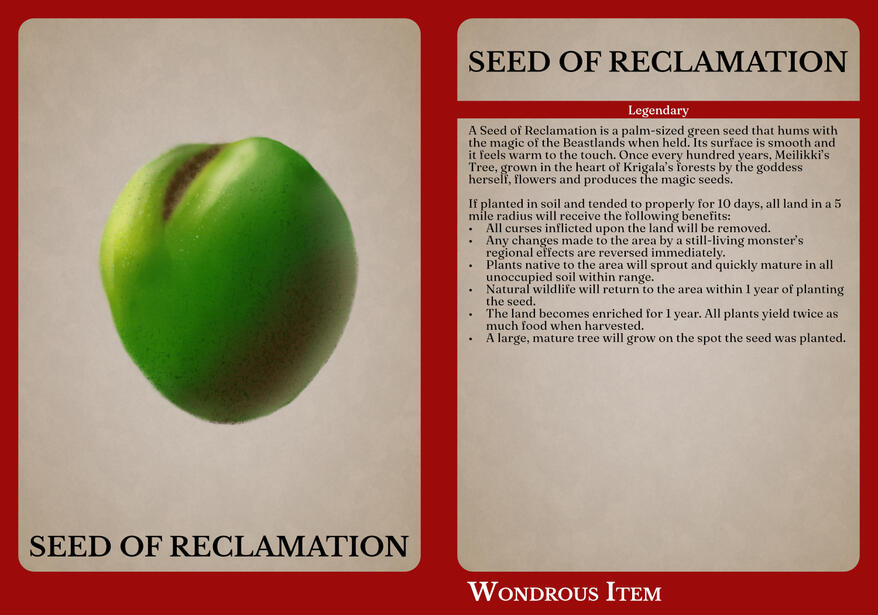 The front and back of a magic item card for the Seed of Reclamation with a large green seed on the left and mechanics on the right.