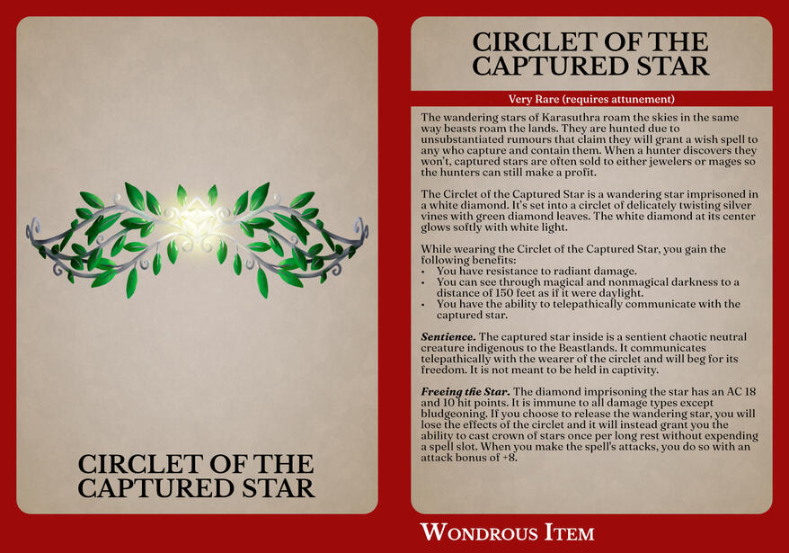 The front and back of a magic item card for the Circlet of the Captured Star with a tiara made of silver vines with green crystal leaves and a large glowing diamond in the centre on the left and mechanics on the right.