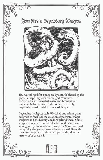 Intro page to Legendary, a Wretched and Alone game about the history behind a legendary weapon.