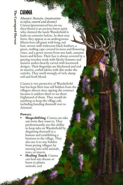 The first page of Cianna's monster stat page for a Monster of the Week game. Features art on the left of a figure with a wooden mask, moss cape, antlers, brown dress, and long red hair.