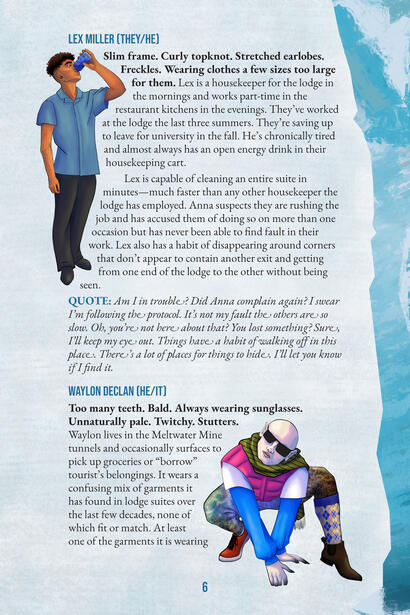 Two of the NPCs from Buried in Ice: Lex Miller (he/they) and Waylon Declan (he/it).