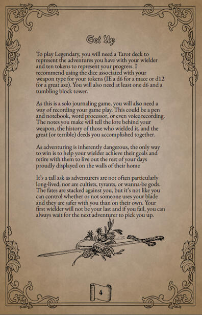 Set Up page for Legendary. It features a yellowed parchment background with a black filigree page border by Alderdoodles and stock art of a sword lying flat with gauntlets resting on it. The text explains what the player needs to play the game.