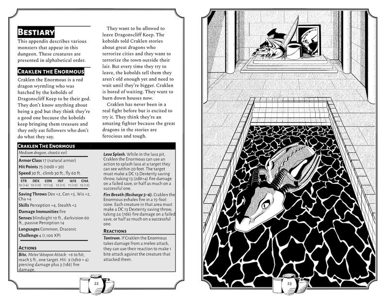 The intro to the dungeon module for A Draconic Miscalculation. It's a 2 page spread that contains the history of the dungeon, a rough overview of its layout, possible adventure hooks, and an outline of some of the kobolds living in it.