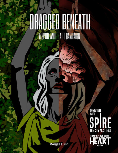Cover image of Dragged Beneath featuring a drow woman holding her hands above her head. The image is split in half. Mushrooms grow from her face on the right half.
