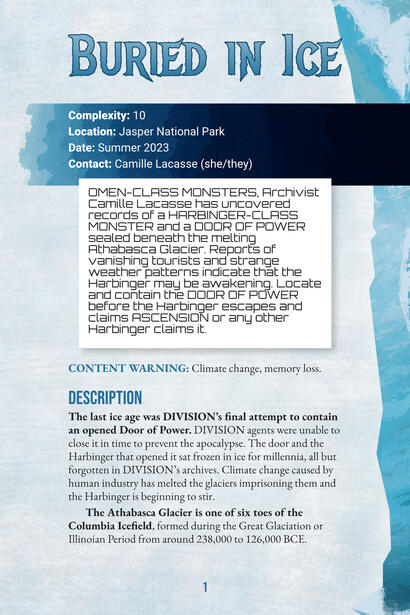The intro page to the Apocalypse Keys mystery Buried in Ice. It details the content warnings, location, complexity, mission brief, and some background info for the mystery.