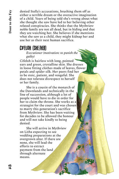 The first page of Cifeloh's monster stat page for a Monster of the Week game. Features art on the right of a green, crystalline figure in a formal gown.